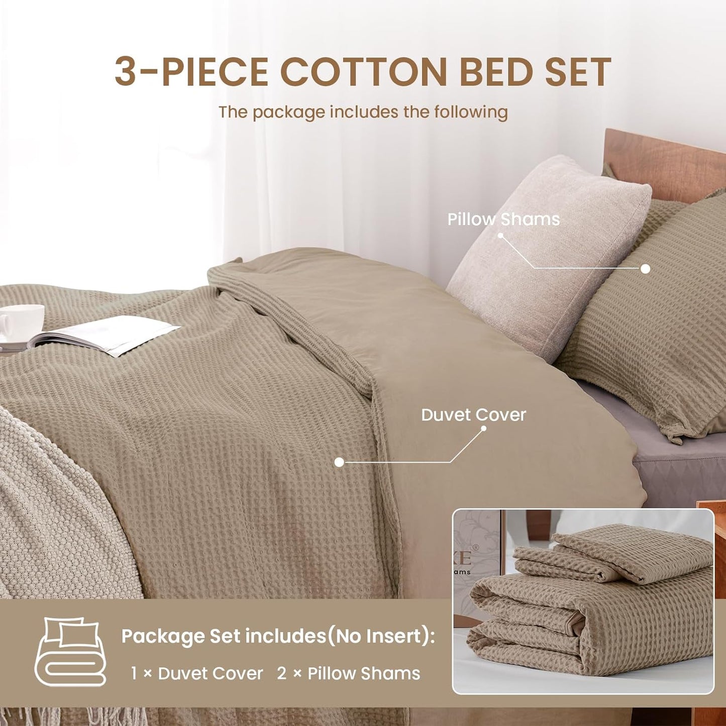 Duvet Cover Set, Waffle Weave 3 PCs Bedding Set