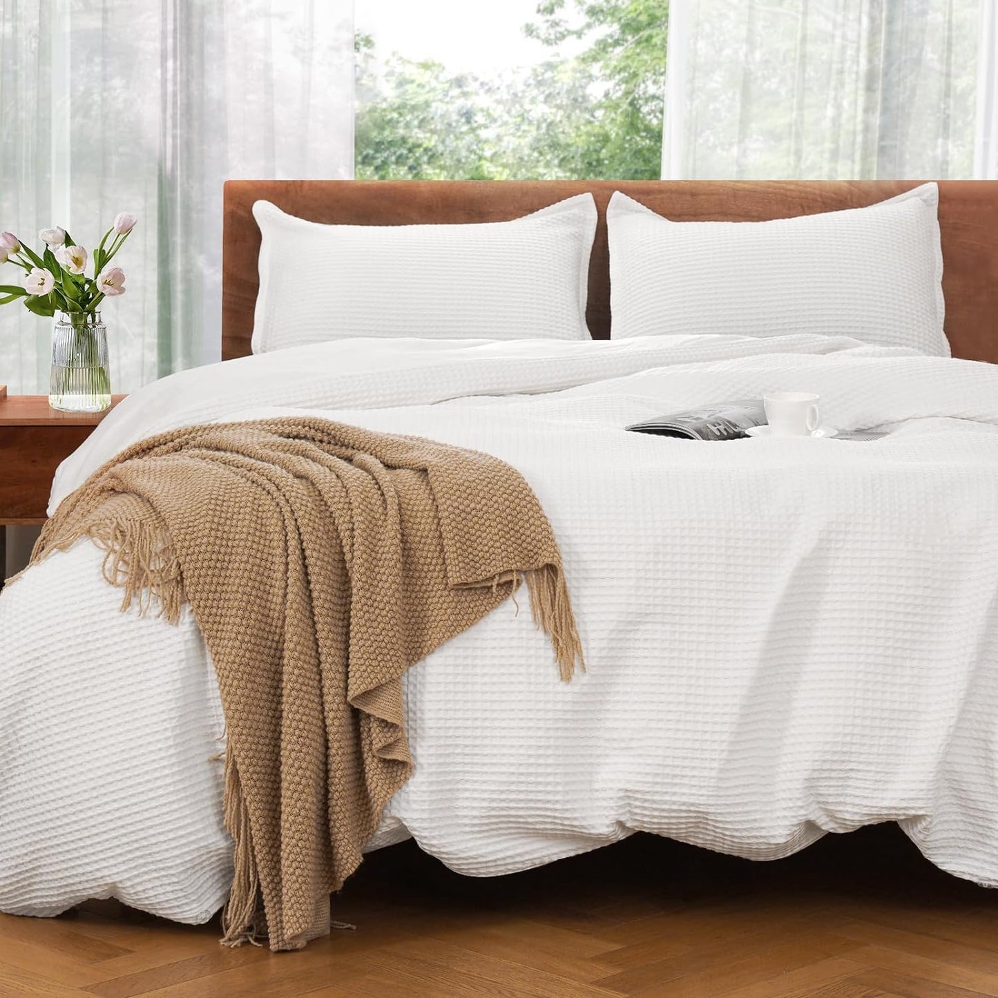 Duvet Cover Set, Waffle Weave 3 PCs Bedding Set